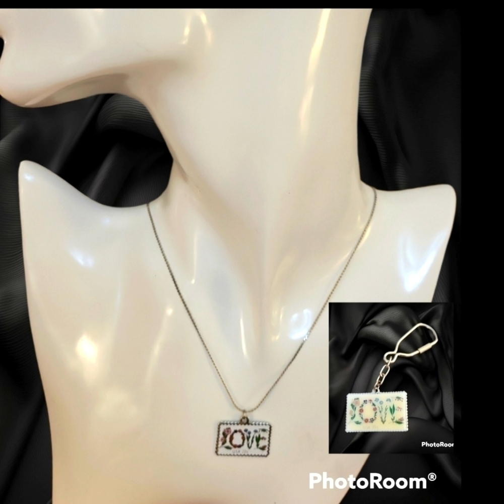 VTG 1982 Love Stamp Pendant Chain Necklace Keychain Coquette Set